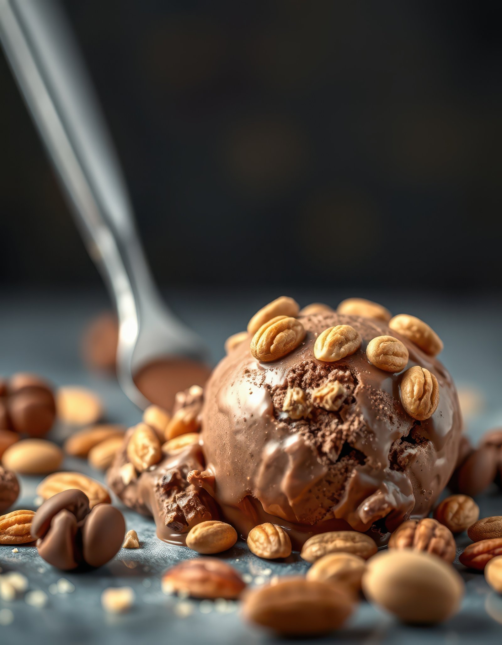 Delicious chocolate ice cream scoop topped with crunchy nuts and surrounded by coffee beans on a dark backdrop